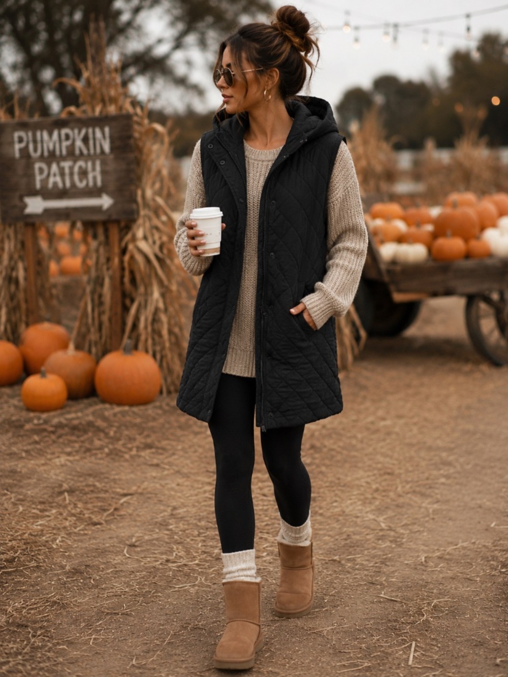Mono B Quilted Hooded Vest in Black